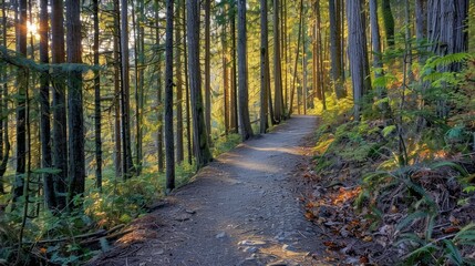 Obraz premium a quiet forest trail, lined with tall trees and bathed in the golden light of the setting sun, creating a peaceful and inviting path, with ample copy space for text