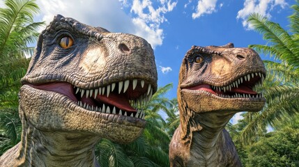 Two large dinosaurs with their mouths open and eyes wide, AI