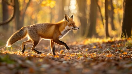 Fototapeta premium a fox running through a sunlit forest, with the golden hour light casting a warm glow on its fur and the surrounding trees, creating a dynamic and natural scene, with copy space for text