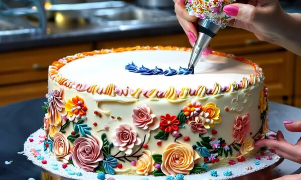 A baker decorating a birthday cake with intricate designs and colorful frosting, adding a personal touch to the celebration. Video