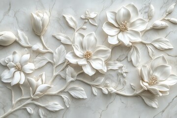 This stunning basrelief artwork showcases intricate and beautifully crafted white floral designs that add an unmatched elegance and sophistication to enhance any interior space or decor style