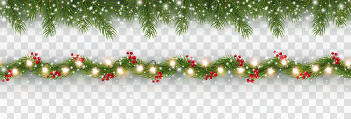 Border with green fir branches, lights isolated on transparent background. Pine, xmas evergreen plants banners. Vector snow Christmas tree garland set © Kindlena