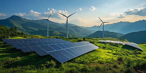 A large solar farm with three wind turbines on top of a hill