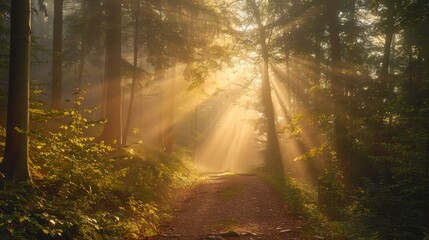 golden hour light shining through fog in a serene forest path, with the sunlight creating warm beams and a tranquil, mystical atmosphere, with copy space for text