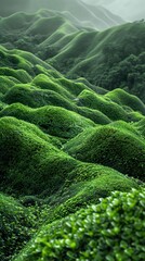 Lush green rolling hills, a misty green landscape with rolling hills.
