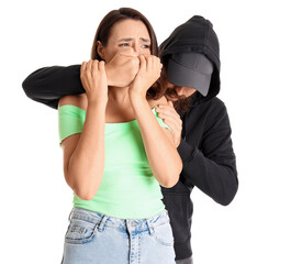 Bandit attacking scared young woman on white background