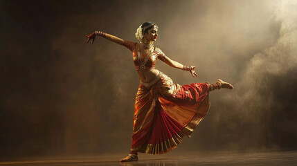 Ethnic indian woman performing traditional dance on stage