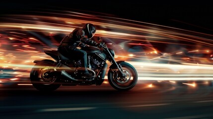 Fototapeta premium man with helmet and black vest driving a motorcycle on the ROAD WITH SWEEPING EFFECT