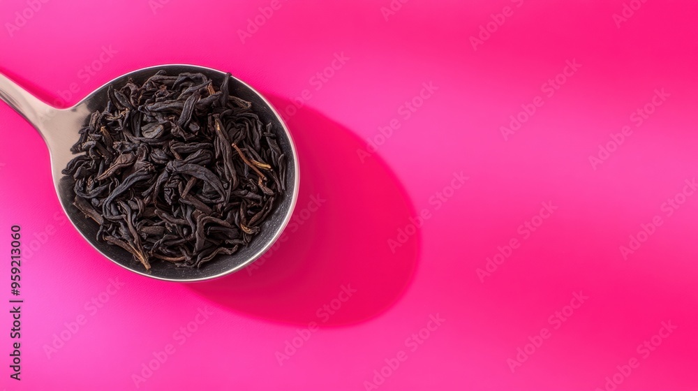 Canvas Prints A spoon full of black tea on a pink background, AI