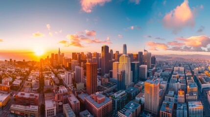 Obraz premium aerial view of a city skyline at golden hour, with the warm glow of the sun reflecting off the buildings and casting long shadows, creating a serene and peaceful atmosphere, with ample copy space for