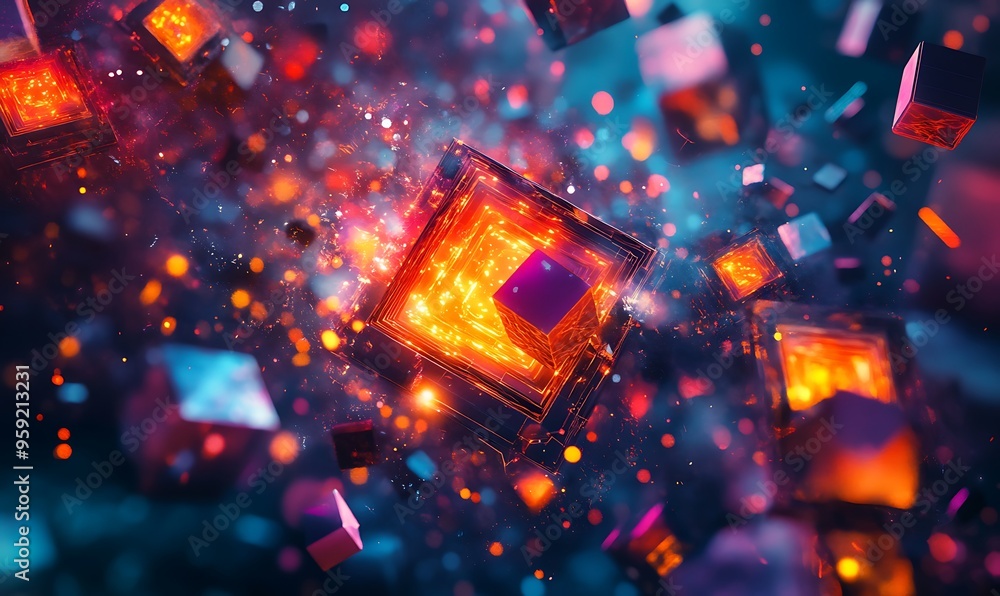 Poster Glowing Cubes in a Field of Sparks and Bokeh