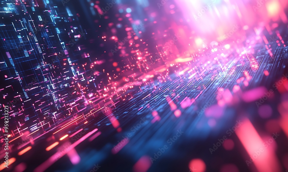 Poster abstract digital network with glowing lines and bokeh lights