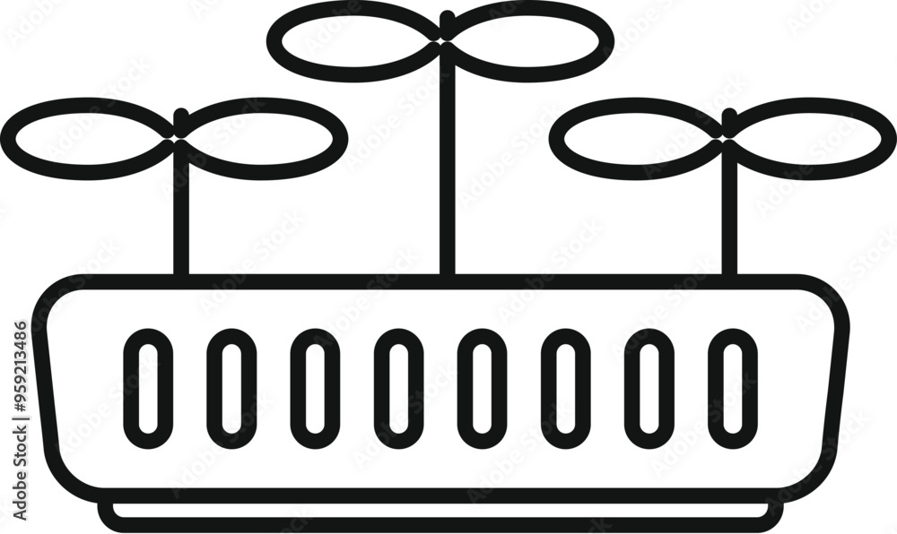 Poster simple line icon representing a drone with three propellers standing on a charging station