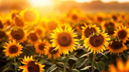 Obraz premium sunset casting a golden glow over a field of sunflowers, their faces turned towards the fading light, creating a peaceful and vibrant scene, with ample copy space for text