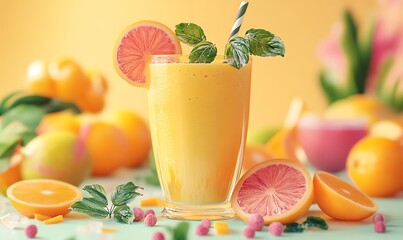 Fototapeta premium A Glass of Orange Juice with a Slice of Grapefruit and Mint Garnishing