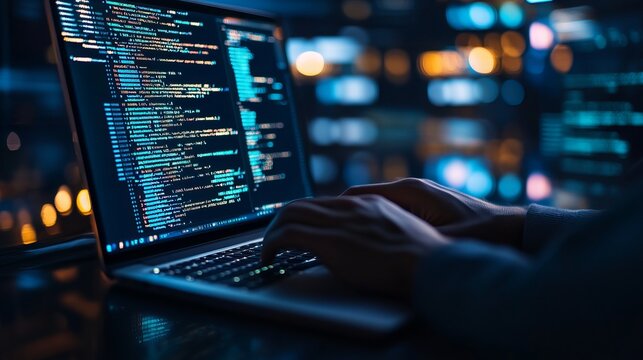 Software engineers use laptops to develop software with javascript and binary code on virtual screens, showcasing digital technology and software development. 