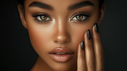 Stunning female model showcases her impeccable black manicure, highlighting the importance of self-care. Her expertly applied smoky eye makeup and flawless cosmetics enhance her striking features. 