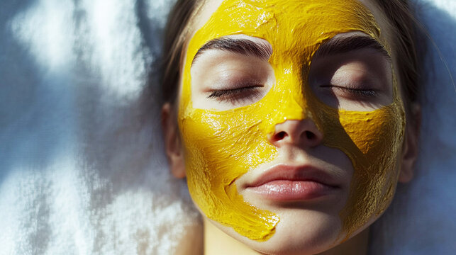 Turmeric facepack on face closeup, healthy skin 