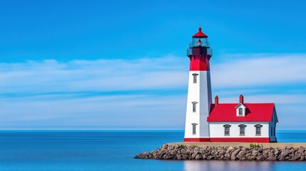 A red and white lighthouse on a rock in the middle of water, AI