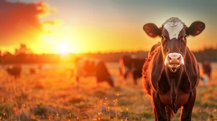grazing cattle in a sunlit field during the golden hour, with the warm light creating a peaceful and rustic scene, with copy space for text