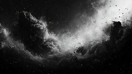  A monochrome image featuring a cloudy sky with stars at its core