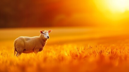 grazing sheep in a golden field, illuminated by the soft light of the setting sun, with the warm tones creating a peaceful and pastoral scene, with copy space for text