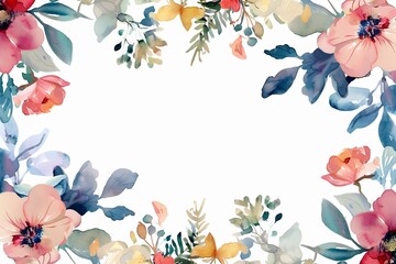 Watercolor floral painted pattern frame with empty space for design. Elegant flowers and leaves. AI generating