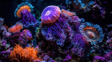 Obraz premium A group of purple and orange sea anemones on a dark blue coral reef with water bubbles in the background