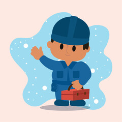 Cartoon construction worker holding toolbox and waving, Vector
