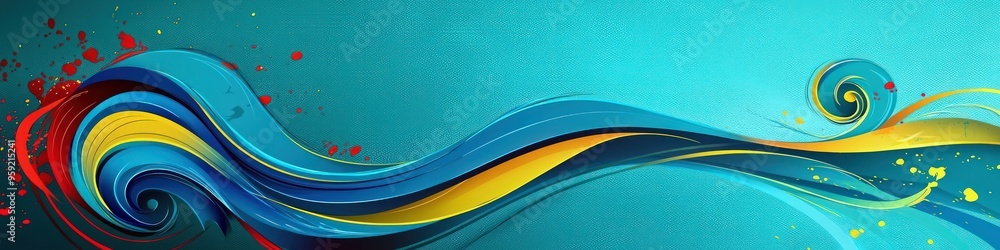 Poster teal backdrop displaying swirling blue patterns and red highlights.