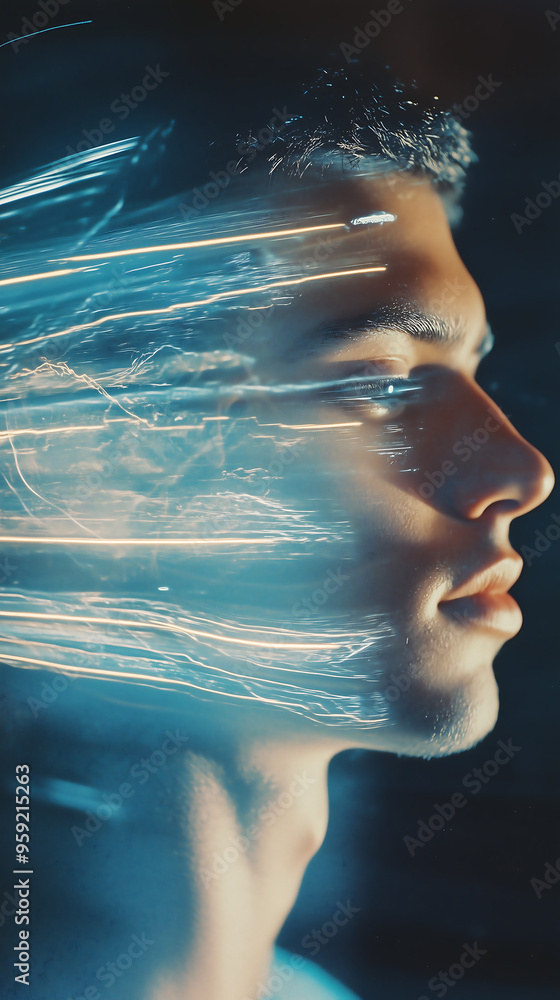 Poster abstract profile of man with flowing light lines futuristic motion dynamic glow energy