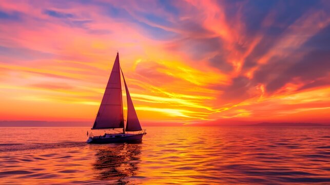sunset over a tranquil coastal scene, with vibrant orange and pink hues reflecting off the calm sea, and a silhouette of a sailboat on the horizon, with ample copy space for text