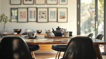 Fototapeta premium Modern Elegance in Dining Room with Wooden Table and Black Chairs