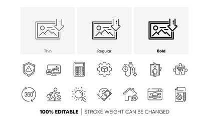 Quick tips, Calculator and 360 degrees line icons. Pack of Jobless, Download photo, Cashback icon. Cyber attack, Charging cable, Elevator pictogram. Candlestick chart, Loan house. Line icons. Vector