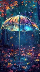 Vibrant umbrella in autumn rain with colorful falling leaves AI