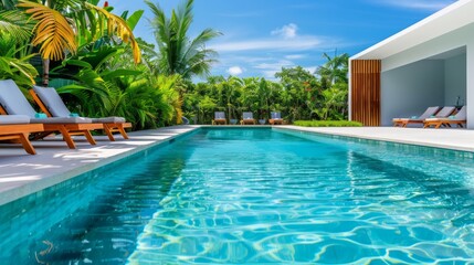refreshing summer poolside with crystal-clear water, comfortable lounge chairs, and lush green plants, perfect for enjoying sunny days, with copy space for text