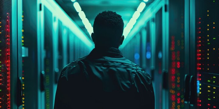 African American man in dark attire carrying out a DDoS attack by hacking servers in a data center