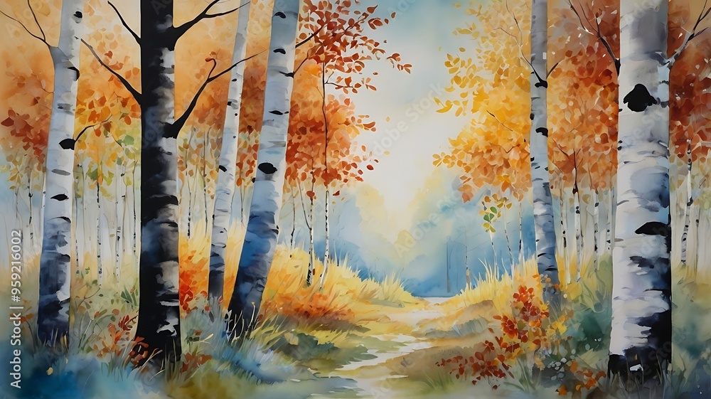 Poster digital painting artwork background of a scene showing a path in the middle of an autumn forest with
