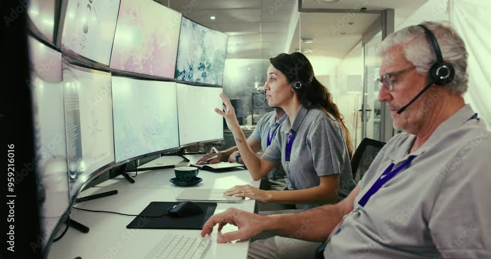 Leinwandbilder People, control room and group monitor system on satellite maps to track storm weather pattern. Rocket, engineer or launch team on computer screen with ai code, data or brainstorming to explore space