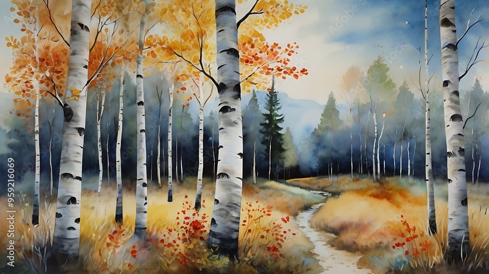 Poster digital painting artwork background of a scene showing a path in the middle of an autumn forest with