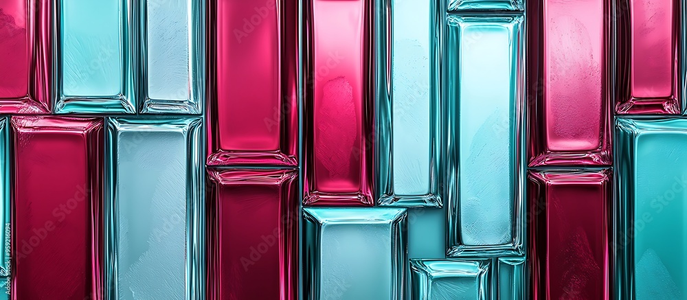 Poster glass textured abstract neon background with luxurious ruby and ice blue rectangular bars.