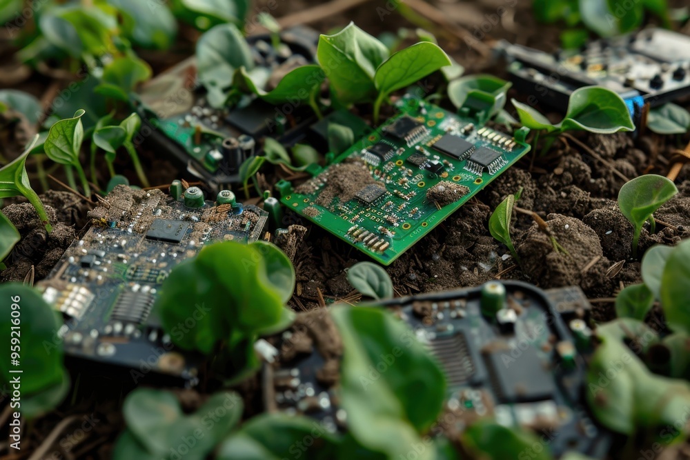 Poster a pile of electronic components on a table biodegradable electronics prototype reducing e-waste