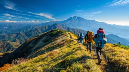 mountain trail with hikers trekking and enjoying panoramic views of the surrounding peaks, showcasing an adventurous summer outing, with plenty of copy space for text