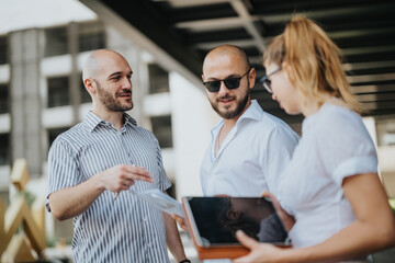 Team of marketing professionals having an outdoor meeting to discuss campaign performance, market trends, and strategy development. Collaborative work environment and teamwork concept.