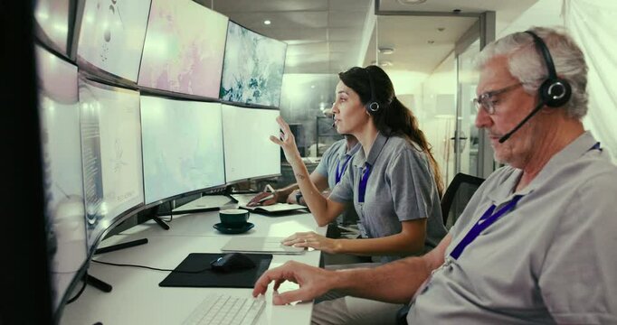 People, control room and group monitor system on satellite maps to track storm weather pattern. Rocket, engineer or launch team on computer screen with ai code, data or brainstorming to explore space