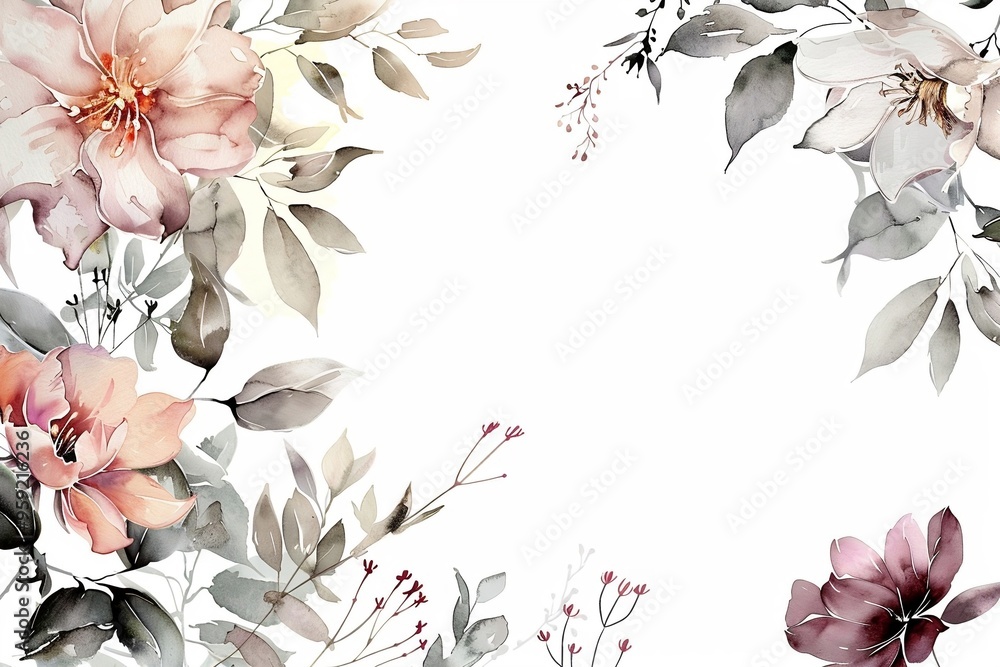 Wall mural Watercolor floral painted pattern frame with empty space for design. Elegant flowers and leaves. AI generating