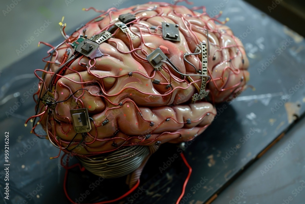 Poster a brain on a circuit board with microchips brain implant enhancing cognitive abilities