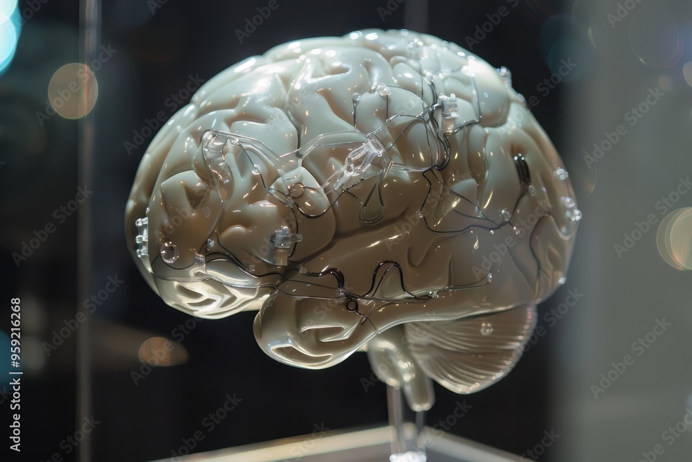 Poster a brain on a circuit board with microchips brain implant enhancing cognitive abilities