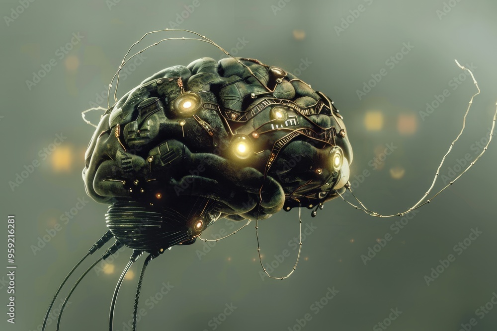 Poster a brain on a circuit board with microchips brain implant enhancing cognitive abilities