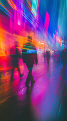 Abstract figure walking in vibrant neon city street with dynamic motion blur glowing lights and colorful reflections